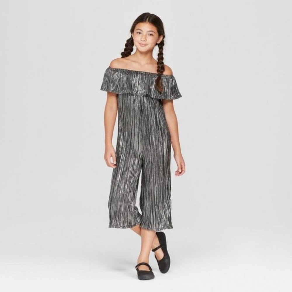 Girls On Off Shoulder Sleeveless Jumpsuit art class NWT Size XL 14/16 Silver